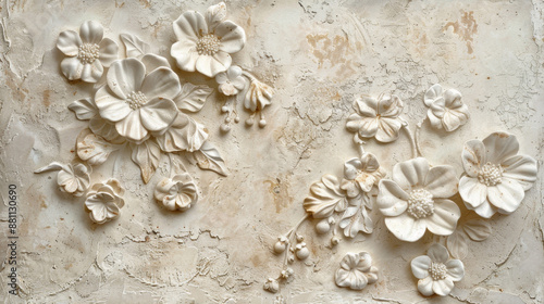 Elegant Floral Plaster Relief on Textured Wall Surface