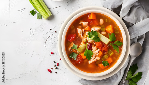 Tomato chicken soup with pumpkin, beans and celery in white bowl. Top view