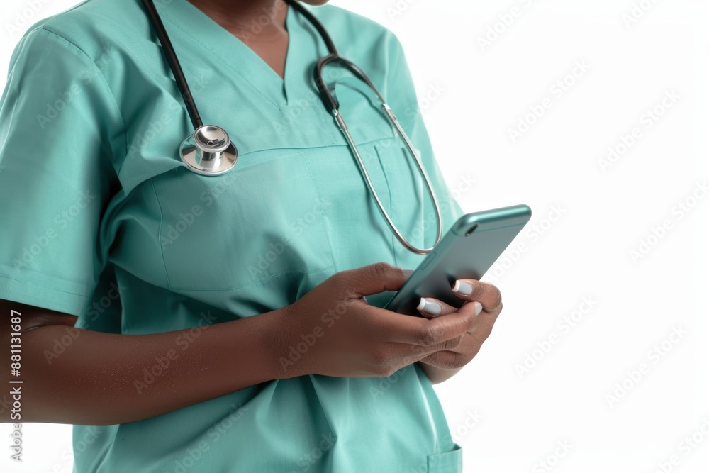 Close up of nurse holding and using smartphone isolated on white background Generative AI Close up of nurse holding and using smartphone isolated on white background Generative AI