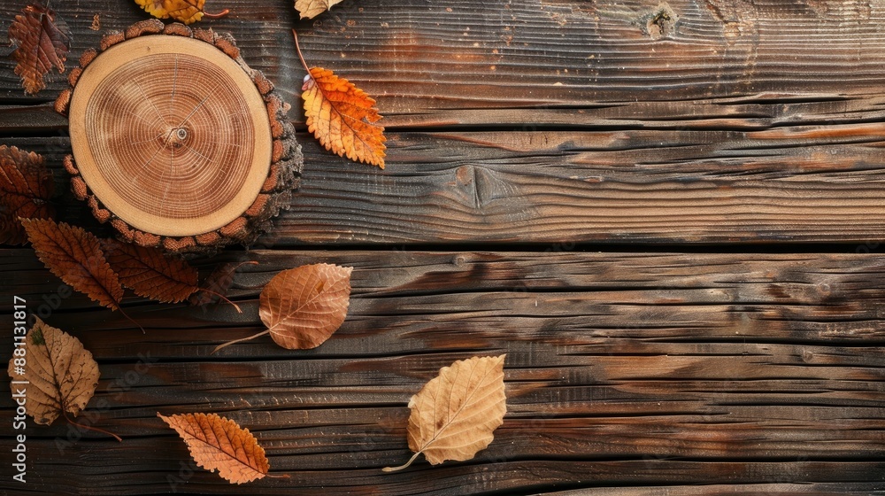 Top view of a tree cross section on wooden backdrop in autumn theme with room for text Top view of a tree cross section on wooden backdrop in autumn theme with room for text