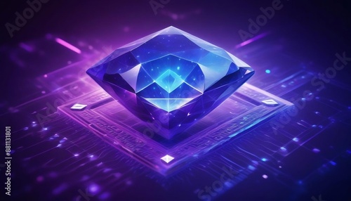 A glowing violet and blue diamond symbolizes digital wealth, crypto, and NFT ownership. Subtle binary code overlays enhance the futuristic theme, representing blockchain technology