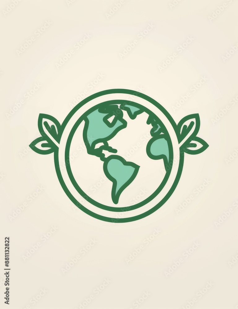 Minimalist vector icon of Earth with green leaves on light green organic outline, symbolizing environmental care on white background Minimalist vector icon of Earth with green leaves on light green organic outline, symbolizing environmental care on white background