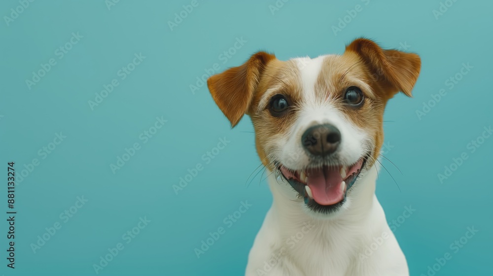 Cute funny jack russell terrier dog smiling on a light blue background with copy space pet portrait photography Cute funny jack russell terrier dog smiling on a light blue background with copy space pet portrait photography