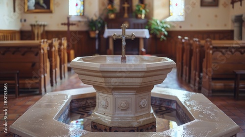 Traditional eight sided baptismal font with a crucifix symbolizes forgiveness through baptism
