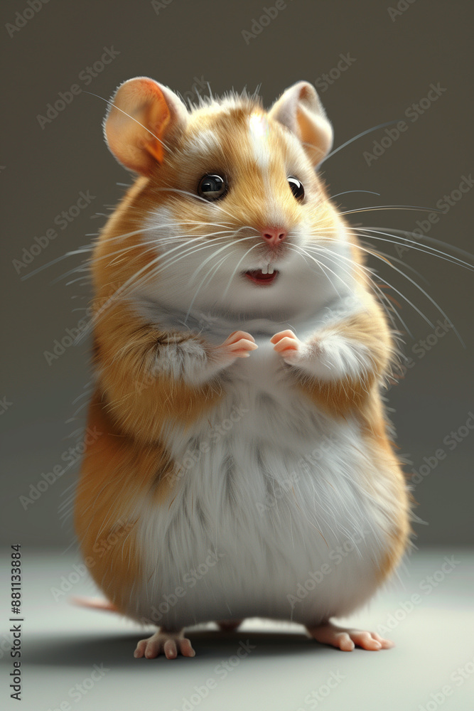 Fluffy 3D hamster stands on hind legs, looks surprised Fluffy 3D hamster stands on hind legs, looks surprised