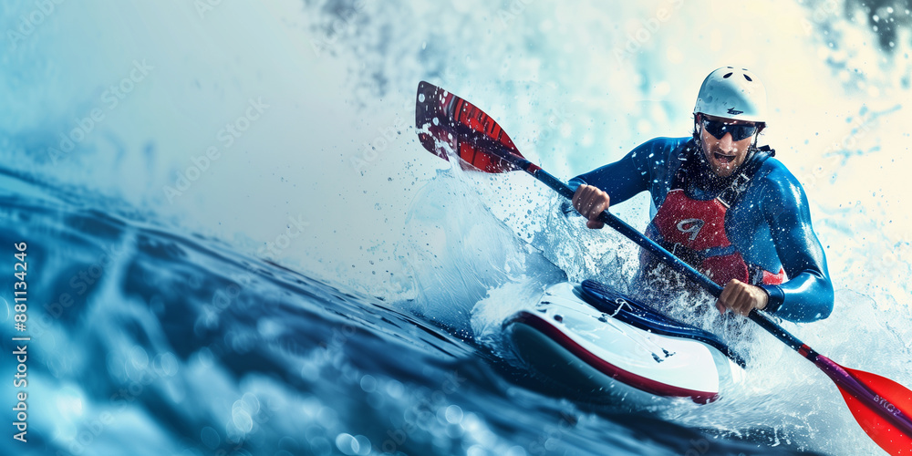 Canoe slalom in blue, white and red colors with copy space for text on the left side Canoe slalom in blue, white and red colors with copy space for text on the left side
