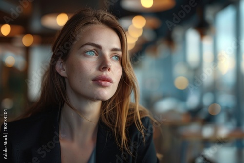 A portrait of a woman with blue eyes looking directly at the camera