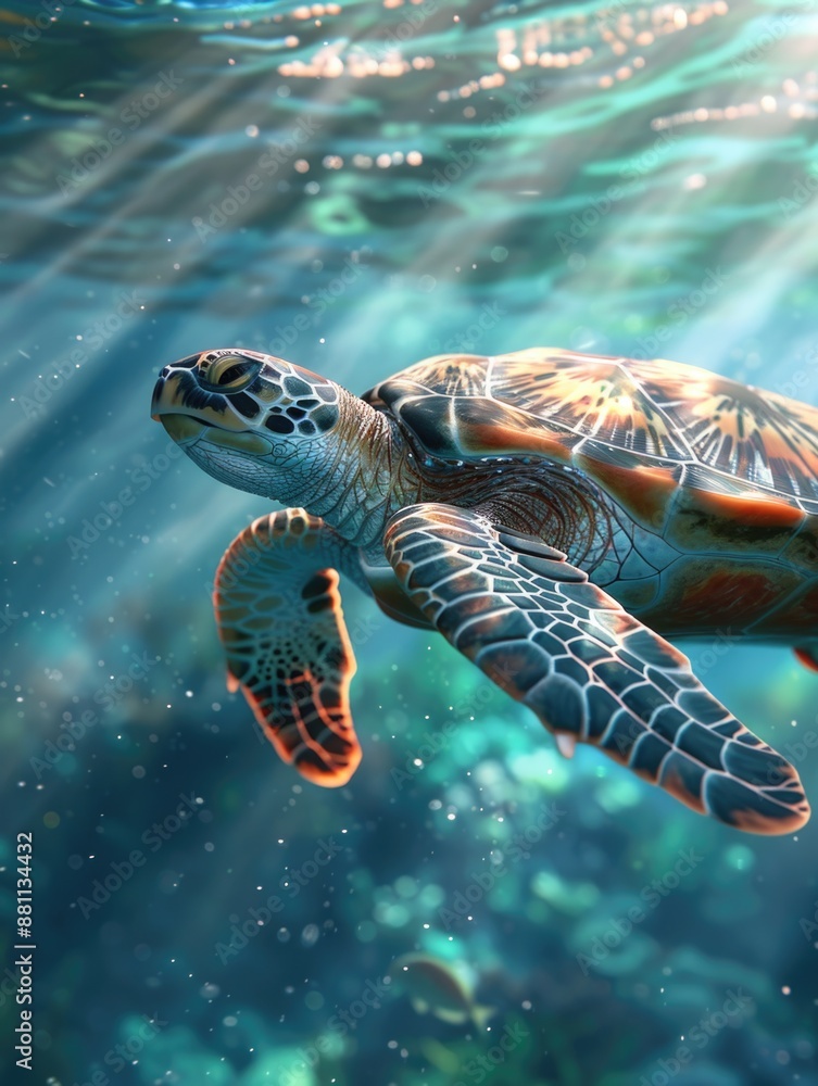 Fototapeta premium A turtle swims in the ocean with sunlight shining through the water
