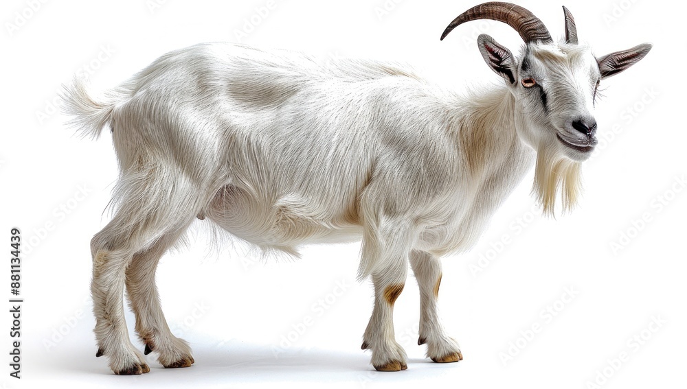 Obraz premium White Goat with Curved Horns Standing on White Background