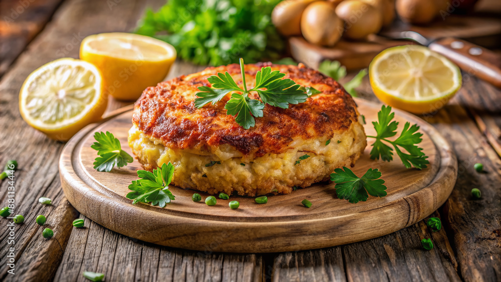 Delicious golden brown crab cake garnished with fresh parsley and lemon wedges on a rustic wooden plate against a cozy earth-toned background. Delicious golden brown crab cake garnished with fresh parsley and lemon wedges on a rustic wooden plate against a cozy earth-toned background.