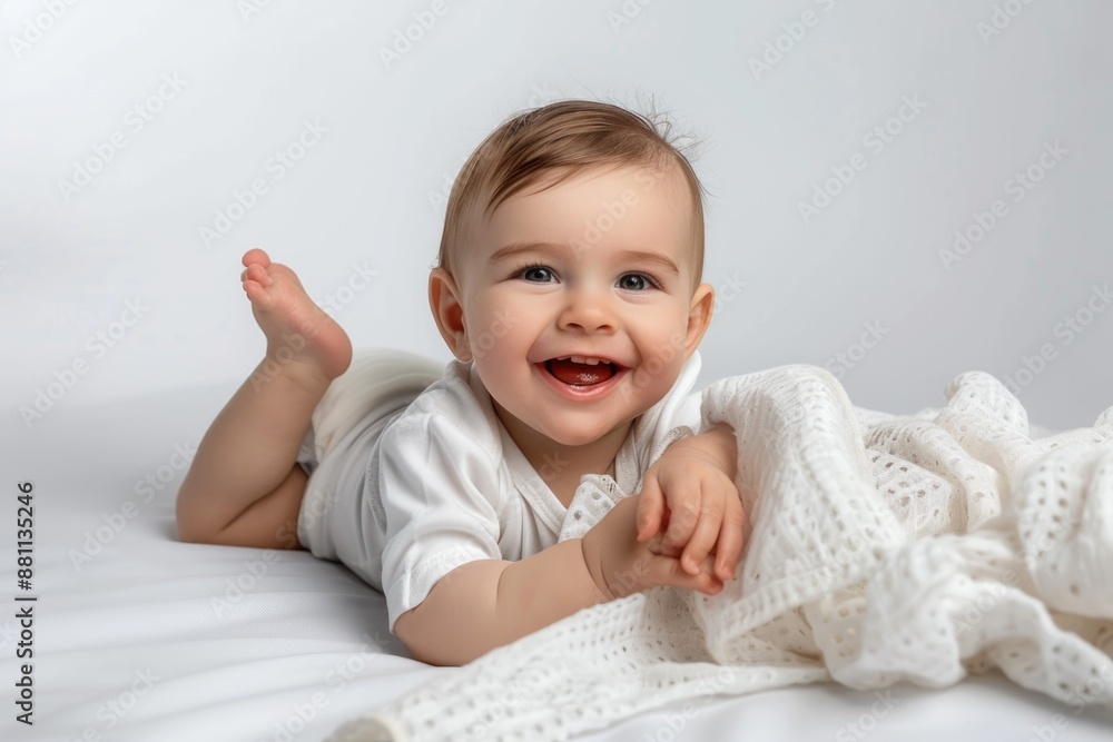A baby lying down on a bed wrapped in a white blanket A baby lying down on a bed wrapped in a white blanket
