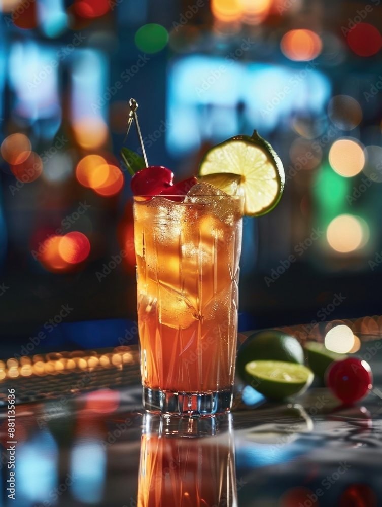 A refreshing beverage garnished with a cherry and lime, perfect for a warm day or a casual gathering A refreshing beverage garnished with a cherry and lime, perfect for a warm day or a casual gathering