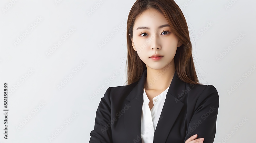Elegant Asian woman, straight hair, Korean makeup, office suit, clean pose, white background. 32k, full ultra HD, high resolution Elegant Asian woman, straight hair, Korean makeup, office suit, clean pose, white background. 32k, full ultra HD, high resolution