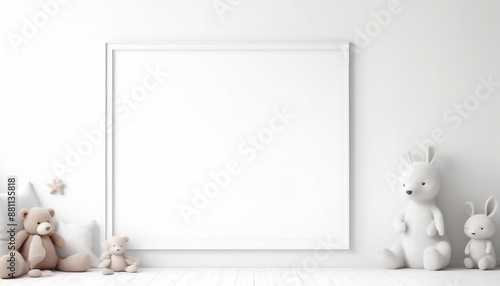 Mock up poster frame in white cozy children room interior background, 3D render, illustration created with generative ai.