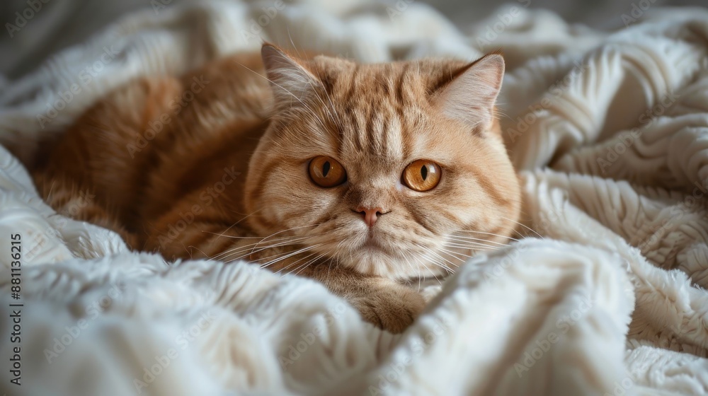 High quality photo of adorable Scottish cat resting on white blanket High quality photo of adorable Scottish cat resting on white blanket