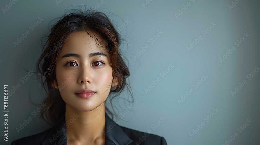 Elegant Asian young woman in a minimalist suit exuding grace against a white background Elegant Asian young woman in a minimalist suit exuding grace against a white background