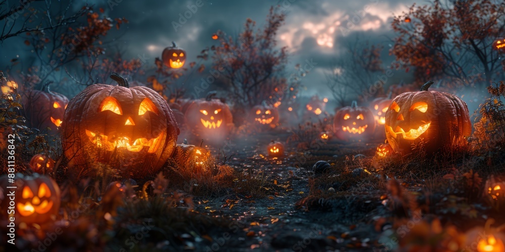 Glowing jack-o'-lanterns for National Jack-o'-Lantern Day, October 30th, spooky faces, night setting, Halloween spirit Glowing jack-o'-lanterns for National Jack-o'-Lantern Day, October 30th, spooky faces, night setting, Halloween spirit