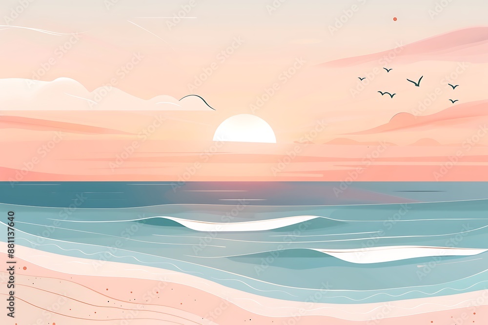 Minimalist Sunset Beach Landscape with Birds Minimalist Sunset Beach Landscape with Birds