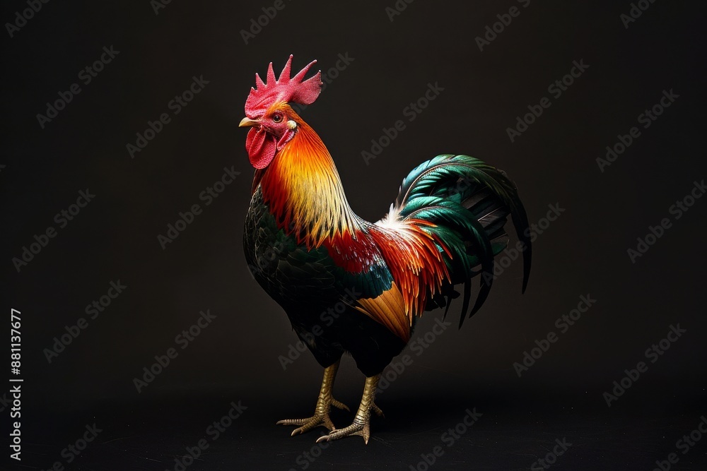 Fototapeta premium Mystic portrait of Layer Chicken, full body view, isolated on black background 