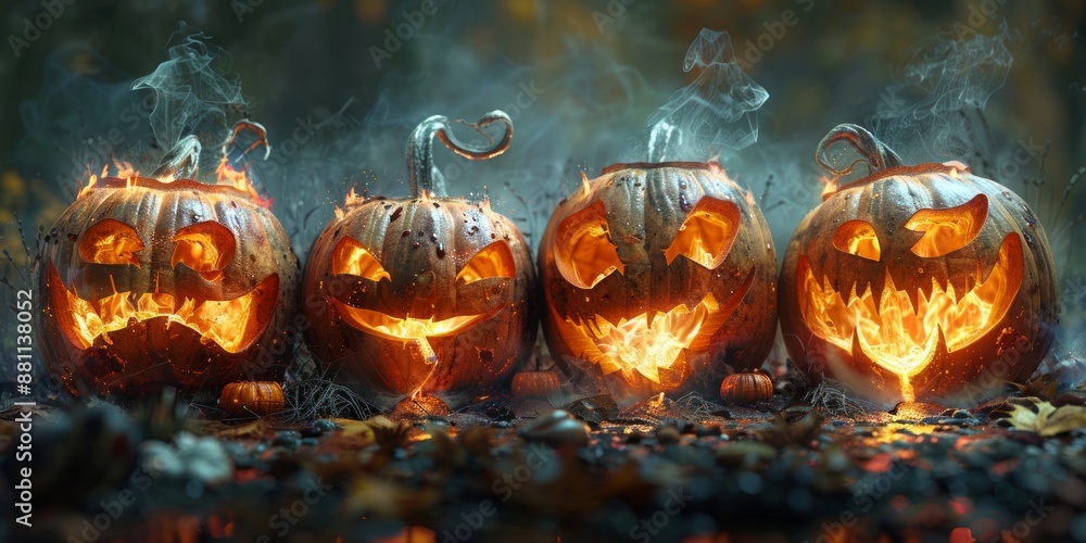 Fototapeta premium Carved jack-o'-lanterns for National Pumpkin Day, October 26th, glowing faces, creative designs, Halloween spirit