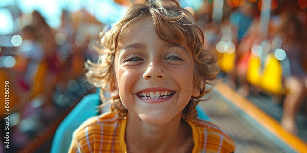 Obraz premium Children enjoying amusement park for National Amusement Park Day, August 16th, thrilling rides, happy faces, fun-filled day