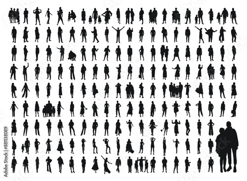 Set of people, men and women, parents and children, black silhouette