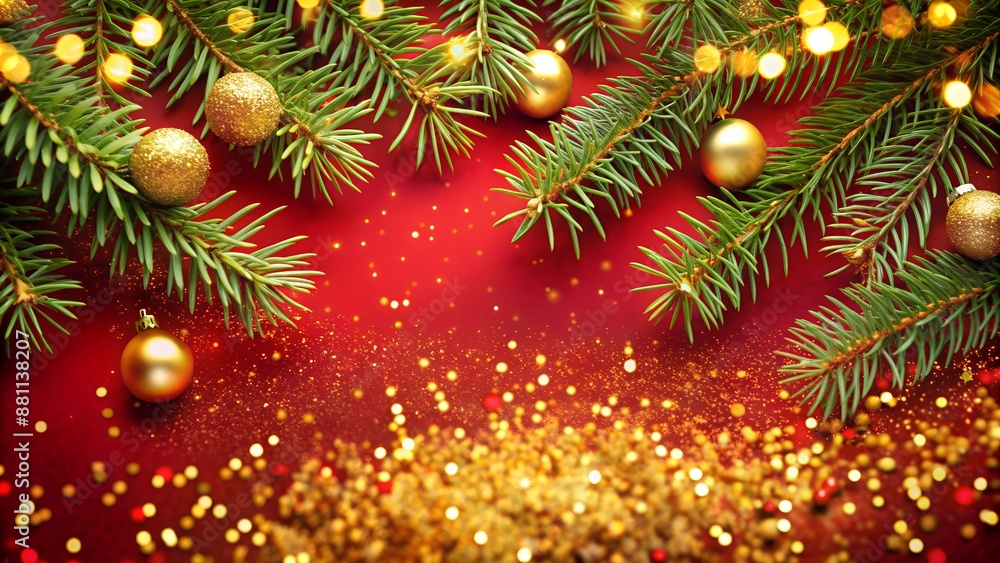 Christmas decoration border with fir branches and golden glitter confetti and sparkles of lights blur bokeh on red background. Bright Christmas and New Year design holiday frame. Vector illustration Christmas decoration border with fir branches and golden glitter confetti and sparkles of lights blur bokeh on red background. Bright Christmas and New Year design holiday frame. Vector illustration