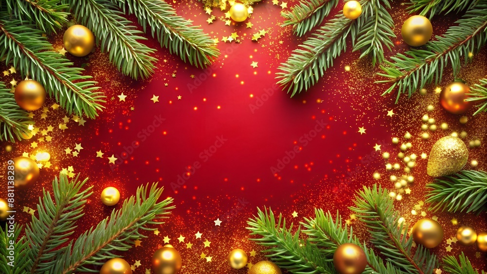 Christmas decoration border with fir branches and golden glitter confetti and sparkles of lights blur bokeh on red background. Bright Christmas and New Year design holiday frame. Vector illustration Christmas decoration border with fir branches and golden glitter confetti and sparkles of lights blur bokeh on red background. Bright Christmas and New Year design holiday frame. Vector illustration