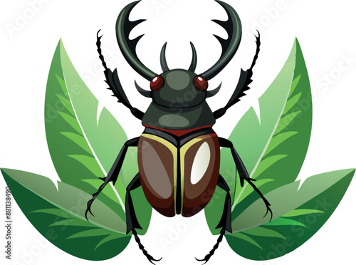 Stag beetle on green leaves