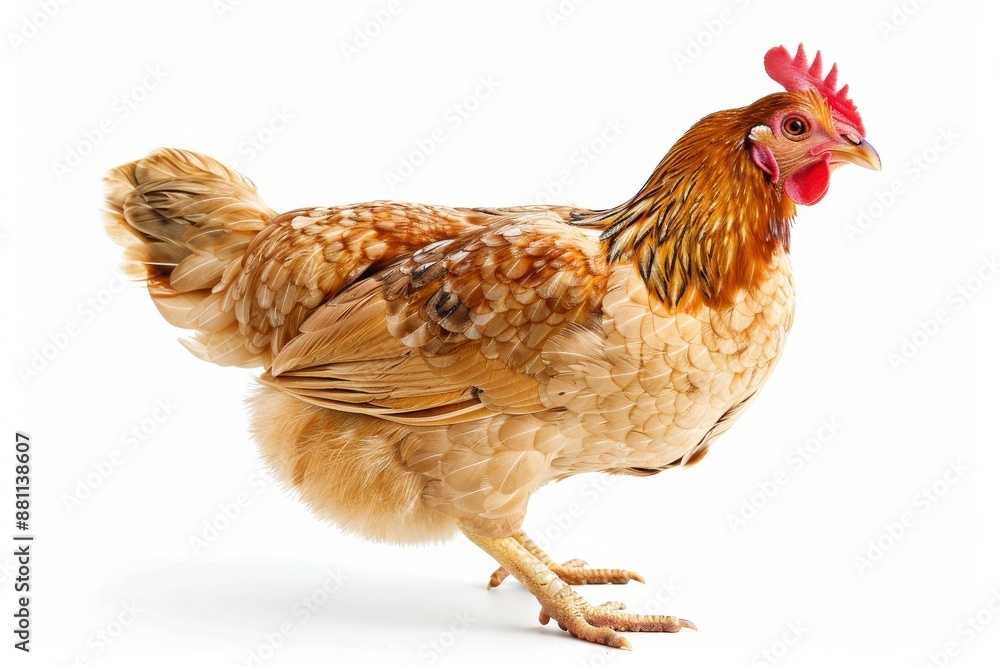 Fototapeta premium the beside view of a Bangkok Chicken, left side view, white copy space on right, dutch angle view, isolated on white background