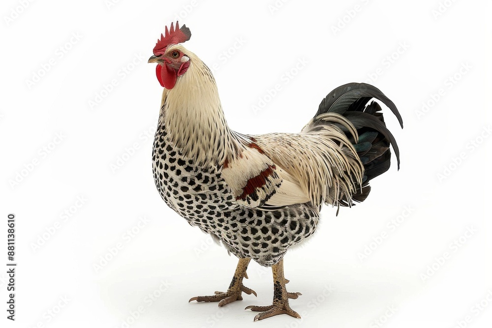 Fototapeta premium the beside view of a Brahma Chicken, left side view, white copy space on right, dutch angle view, isolated on white background