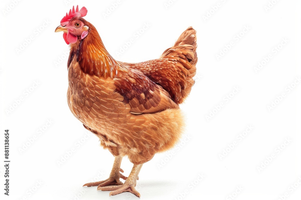 Fototapeta premium the beside view of a Broiler Chicken, left side view, white copy space on right, dutch angle view, isolated on white background