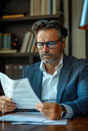 A person sitting at a desk or table, focusing on a written document