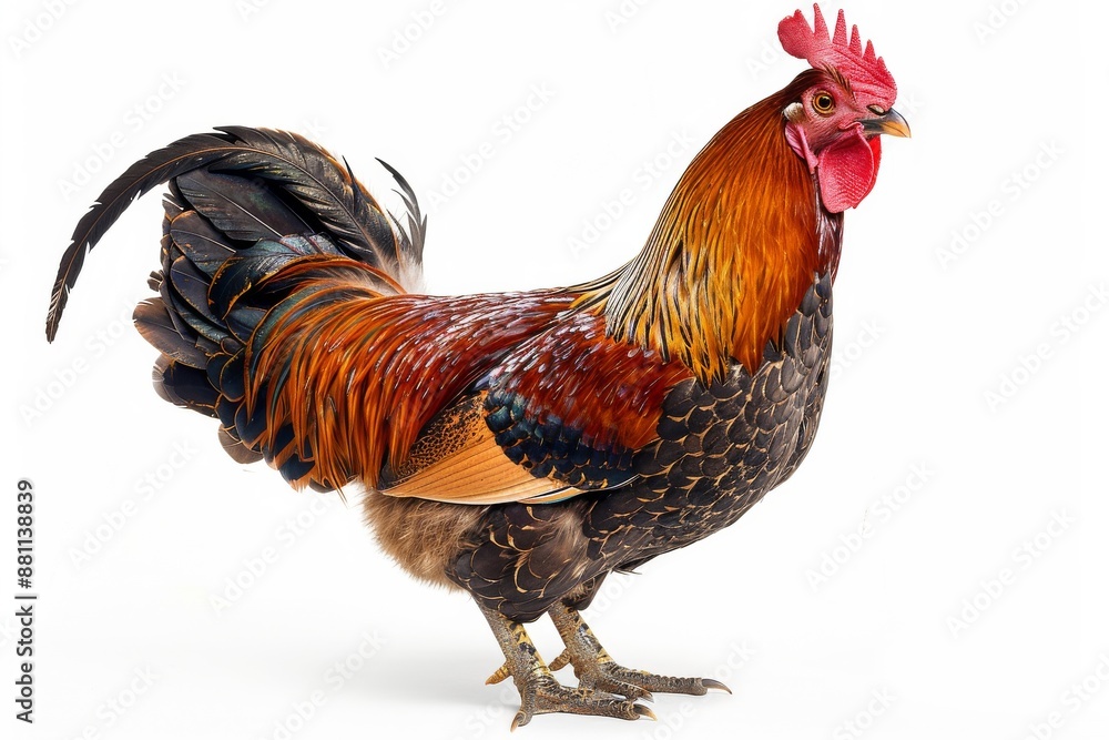 Fototapeta premium the beside view of a Serama Chicken, left side view, white copy space on right, dutch angle view, isolated on white background