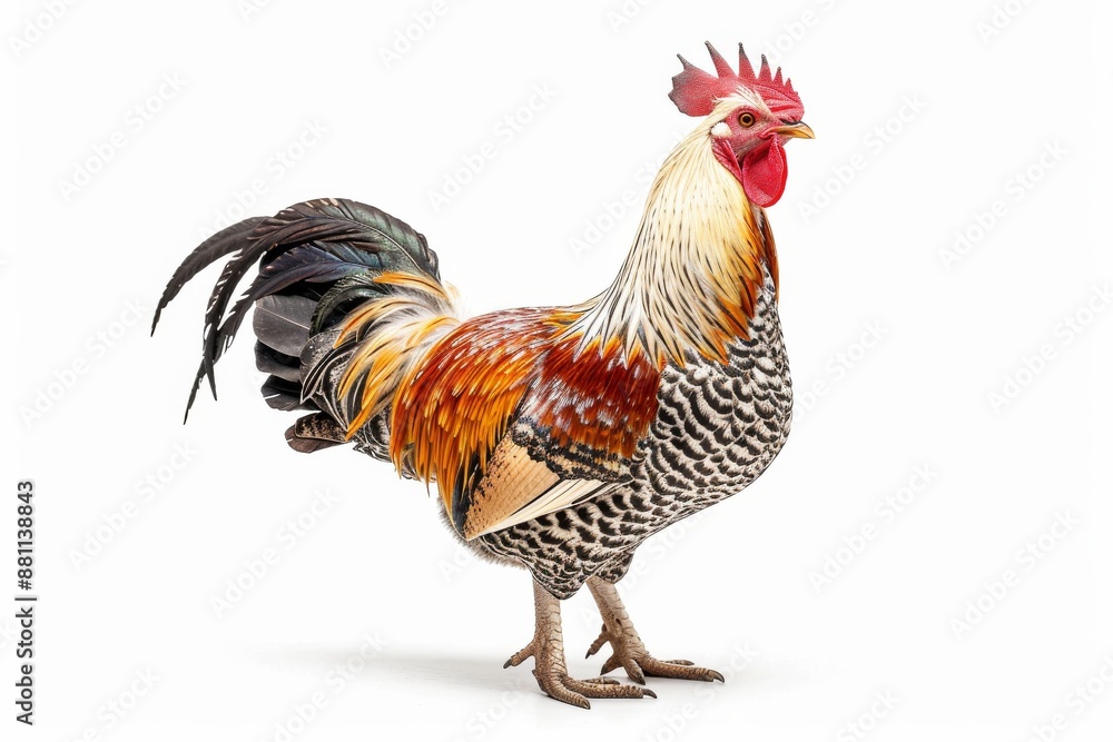 Fototapeta premium the beside view of a Serama Chicken, left side view, white copy space on right, dutch angle view, isolated on white background