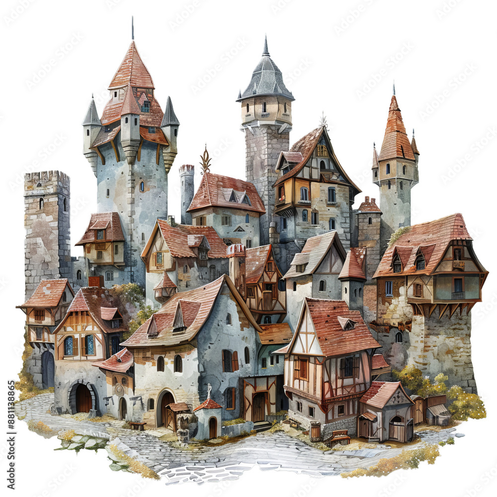 Obraz premium Detailed hand drawn digital art illustration of an enchanting medieval village with fairytale architecture and whimsical towers and houses in a picturesque european countryside