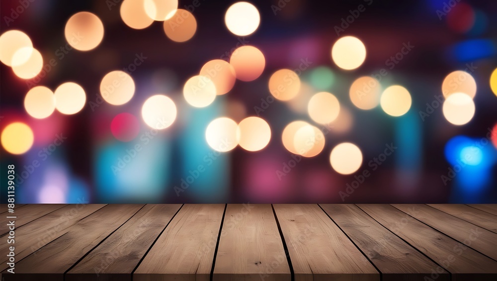 Empty wooden table with neon light bokeh background, night view, blurred bokeh lights background
Empty wooden table with neon light bokeh background, night view, blurred bokeh lights background