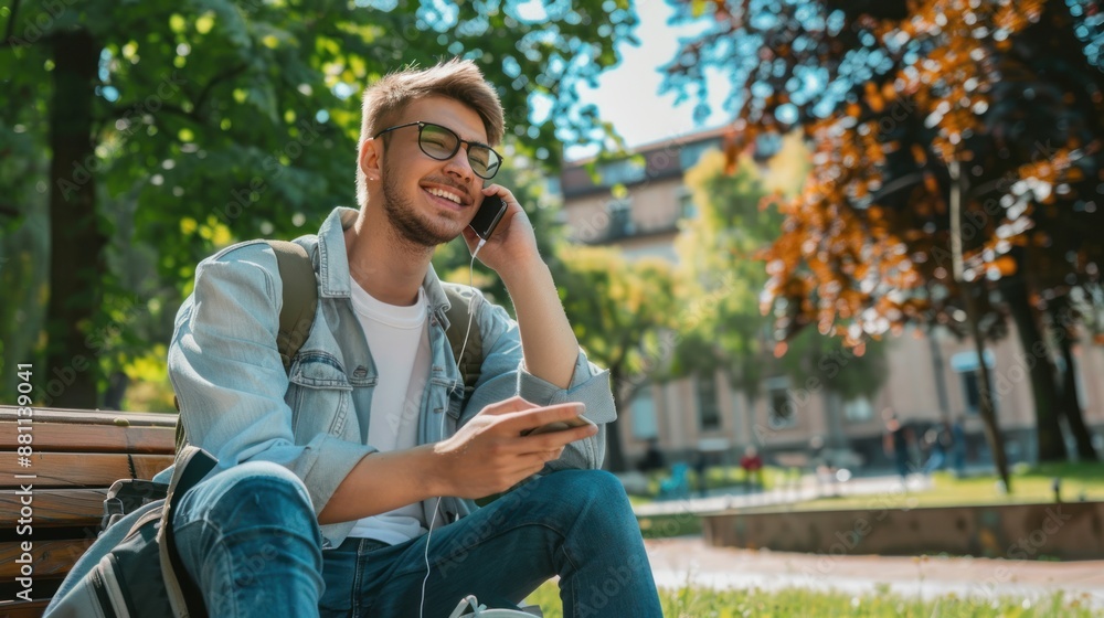 Portrait a young man is sitting on a bench with his phone in his hand in park Portrait a young man is sitting on a bench with his phone in his hand in park