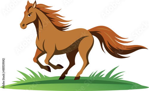Brown horse trotting on grass