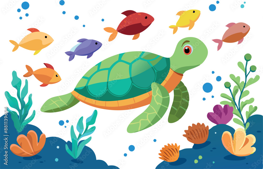 Naklejka premium Turtle swimming among colorful fish