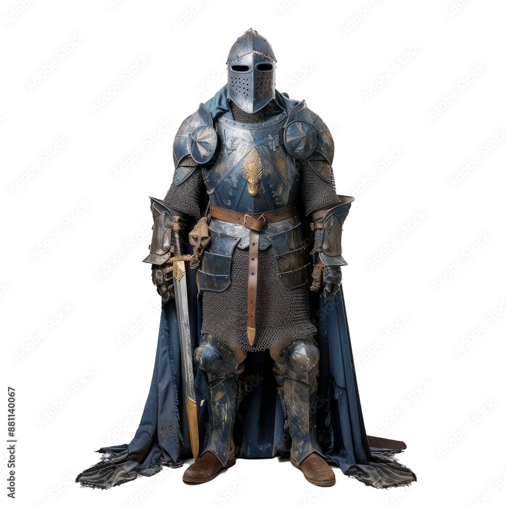 Full body portrait of a knight in detailed armor, cape and sword, isolated on a transparent background Full body portrait of a knight in detailed armor, cape and sword, isolated on a transparent background