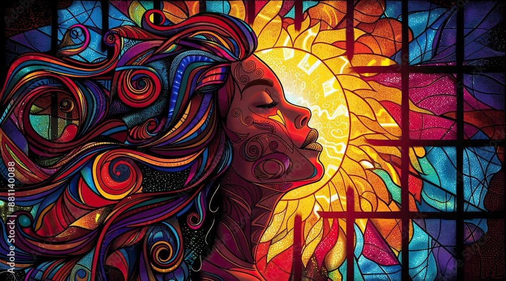 A colorful painting of a woman with long hair and a sun in the background A colorful painting of a woman with long hair and a sun in the background
