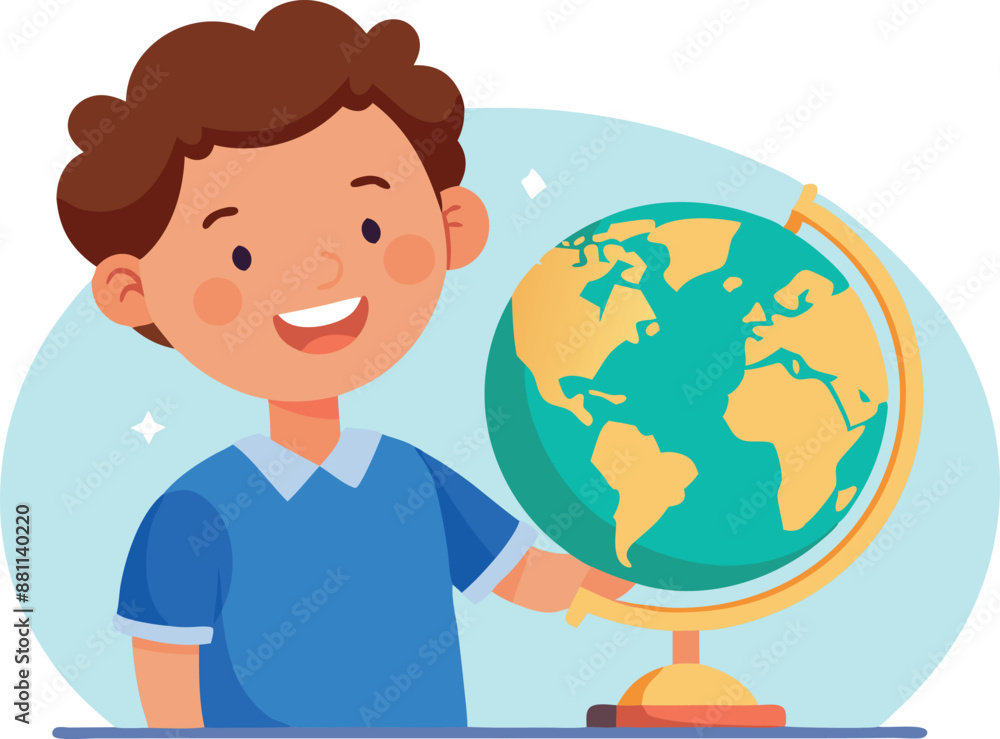 Boy pointing at globe in classroom Boy pointing at globe in classroom