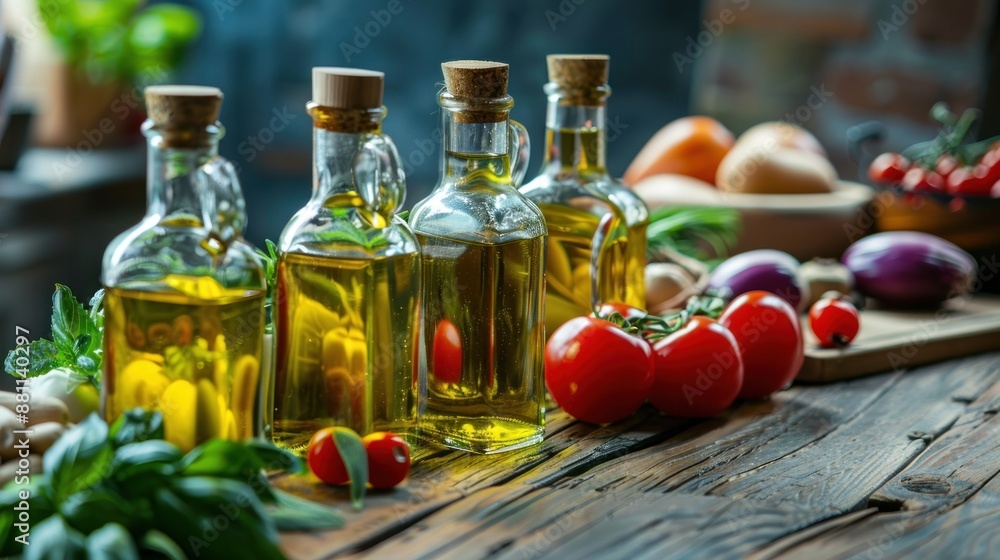A wooden table with a variety of vegetables and a bottle of olive oil A wooden table with a variety of vegetables and a bottle of olive oil