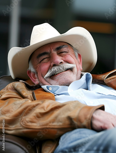 An older man wearing a cowboy hat and a brown jacket. He is sitting and laughing.