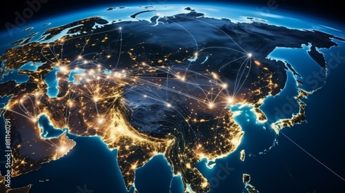 Fototapeta Naklejka Na Ścianę i Meble -  Nighttime satellite view  city lights of asia with china and india on earth s globe from space