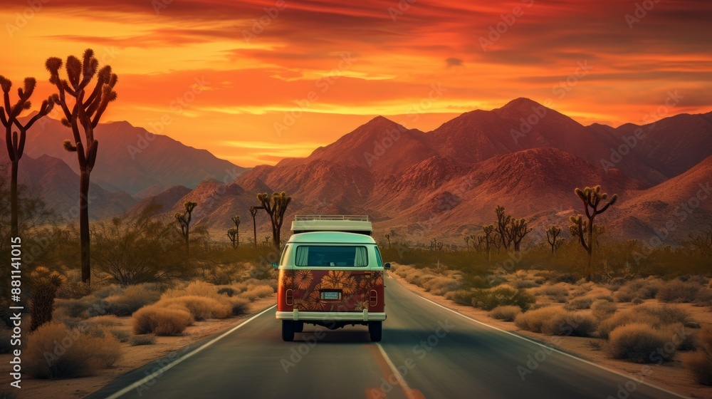 Obraz premium Vintage van traversing sunset canyon on road trip for adventure and freedom exploration