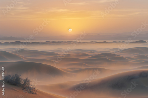 Golden Dawn Over Desert Dunes Featuring Ethereal Dust Mist and Sparse Vegetation in Serene Setting