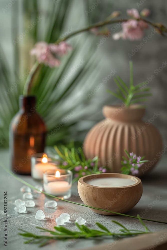 An elegant spa setup with glowing candles, a wooden bowl, and delicate flowers, creating a calming environment. An elegant spa setup with glowing candles, a wooden bowl, and delicate flowers, creating a calming environment.