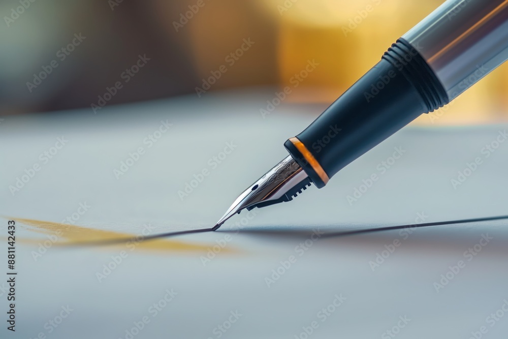 Fototapeta premium A close-up of a fountain pen creating a thin line on white paper, suggesting elegance and precision.